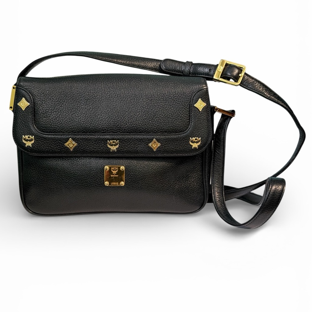 MCM Black Leather Shoulder Bag with Gold Details